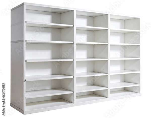 Fototapeta “Empty Contemporary White Bookshelf with Five Tiers, Side View PNG”.