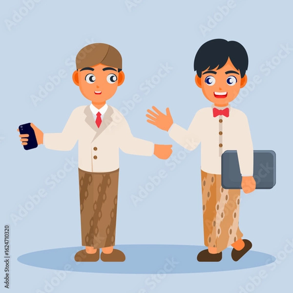 Fototapeta Formal Indonesian attire: A young individual in traditional attire Two elegantly attired individuals engage in a professional interaction, with one holding a smartphone and the other a laptop.