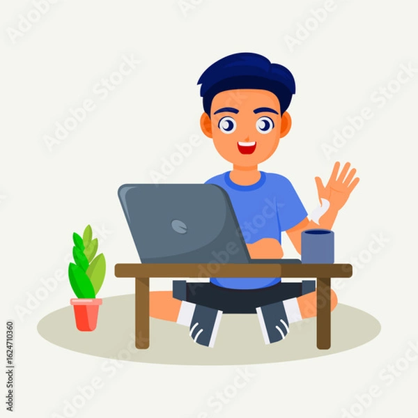 Fototapeta Cartoon people working on laptops at desks in an office setting