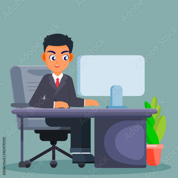 Fototapeta Focused Work: A professional individual, deeply engaged in the task at hand, is seated at a sleek desk in an office environment, diligently working on his computer.