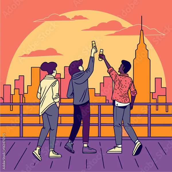 Fototapeta Group of friends cheering with drinks during sunset on rooftop