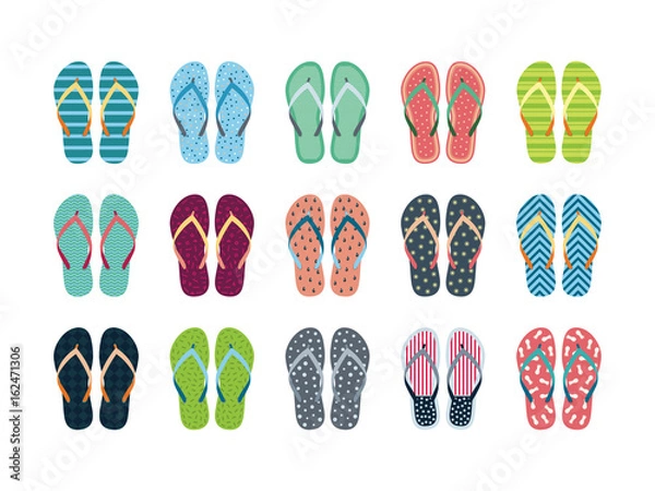 Fototapeta Summer flip flops set isolated on white background. Flip flops with different designs drawn in flat style