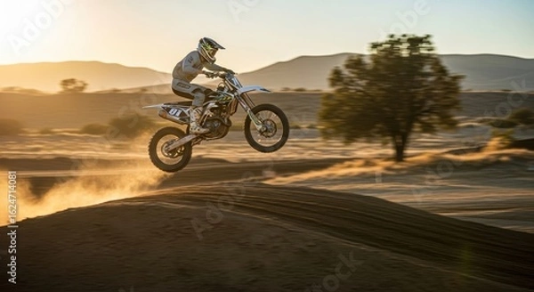 Fototapeta Motocross rider soars through the air over a dusty dirt ramp during a desert race at sunset.