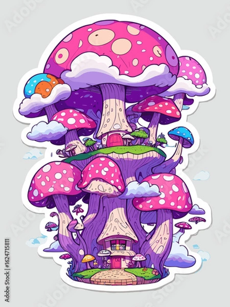 Fototapeta 2d vector illustration An fantasy island at sky with cloud and factory with city 