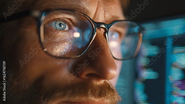 Fototapeta Focused developer coder wears glasses working on computer looking at programming code data cyber security digital tech reflecting in spectacles developing software program, focus on eye close up view
