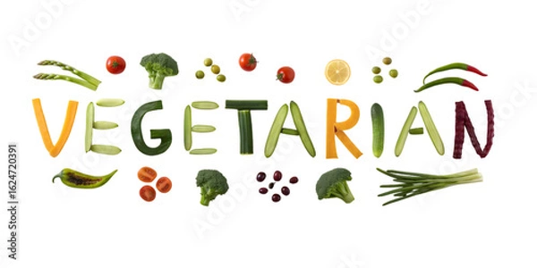 Fototapeta The word vegetarian spelled out with various vegetables and fruits on a studio shot on transparent background, Png