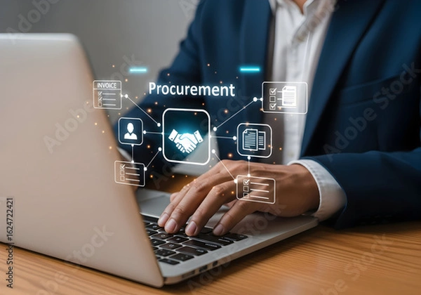 Fototapeta Business Professional Using Laptop with Digital Procurement Icons for Supply Chain Management and Digital Transactions