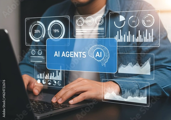 Fototapeta Businessman Using Digital Interface with AI and Data Analytics Graphics for Technology and Innovation Concept