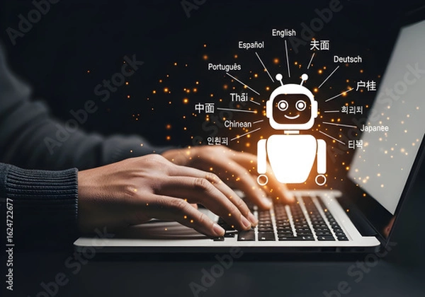 Fototapeta Futuristic Artificial Intelligence Robot Icon with Multilingual Labels and Digital Network Elements