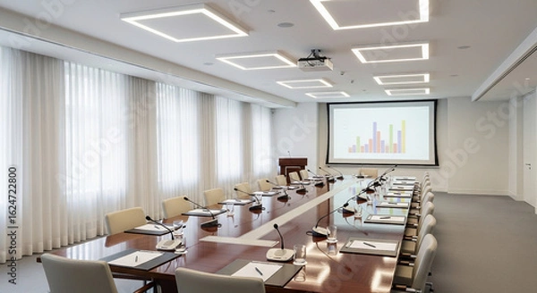 Fototapeta Conference room with long table microphones projector screen and white curtains in the background