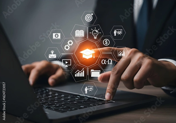 Fototapeta Business Professional Using Digital Interface with Educational and Growth Icons for E-Learning, Innovation, and Success