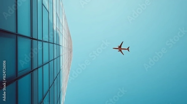 Fototapeta An airplane flies high in a clear blue sky above a modern glass skyscraper, capturing themes of travel and urban architecture.