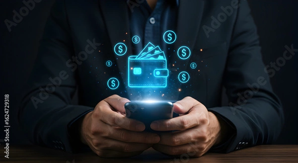 Fototapeta Businessman holding a smartphone with a glowing neon icon of a digital wallet, concept of online payment and financial technology.