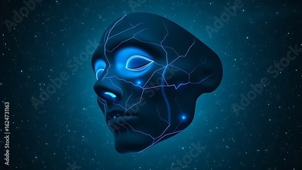 Obraz A surreal floating mask with glowing blue veins against a cosmic backdrop, symbolizing sleep apnea's silent epidemic.