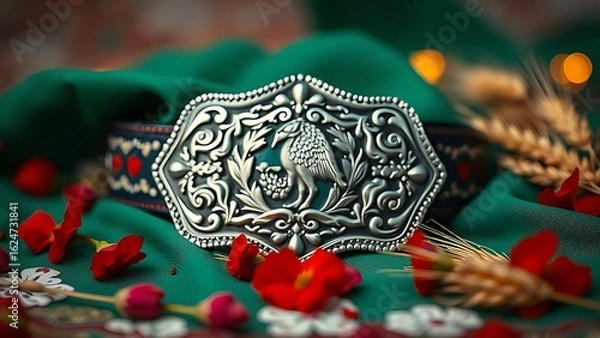 Obraz Traditional kueh lapis dessert with red and white frosting patterns on marble plate.