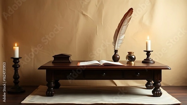 Obraz Vintage desk setup with a feather quill and inkwell on aged parchment.