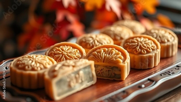 Obraz Traditional mooncakes on lacquered tray, floral patterns and gold accents, with autumn foliage backdrop.