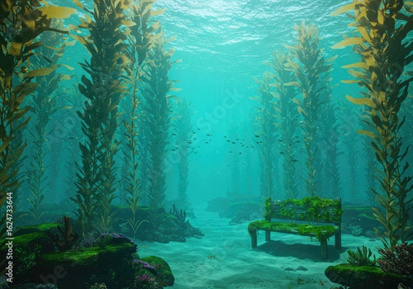 Fototapeta Calm Concept Art of Underwater Moss-Covered Bench and Swimming Fish in Forest of KelpCalm Concept Art of Underwater Moss-Covered Bench and Swimming Fish in Forest of Kelp