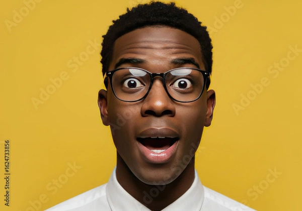 Fototapeta Sharp Close-Up of Young Man with Expressive Features on Bright Yellow Backdrop