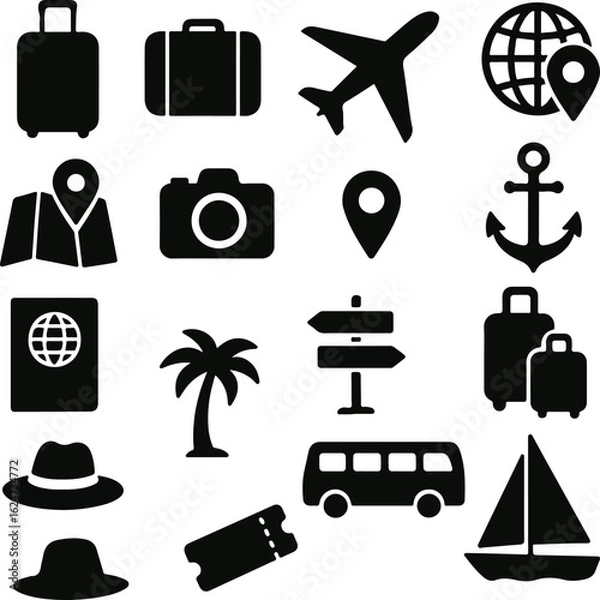 Obraz Travel and Vacation Vector Silhouettes – Icons of Suitcase, Passport, Airplane, Map, Anchor, Bus, Sailboat, Palm Tree, Signpost, Location Pin, Camera, Hat, Tickets, Globe, and Tourist Essentials – Bla