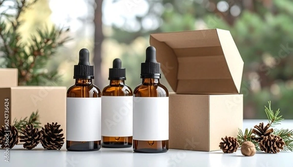 Fototapeta Amber glass dropper bottles with blank labels, gift box, natural background