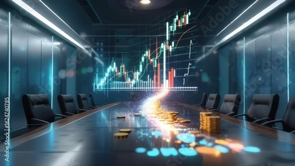 Fototapeta Virtual holographic candlestick graph and coins on a modern conference table with chairs, representing financial profit and business strategy. Concept of successful investing
