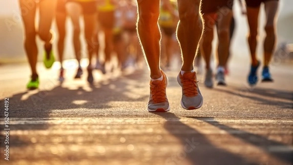 Fototapeta Runners sprint powerfully in marathon race, golden light on the street