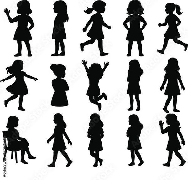 Obraz Silhouettes of Little Girls in Various Poses – Vector Set Featuring Standing, Walking, Running, Sitting, Dancing, Jumping, and Waving Girl Outlines – Black Child Silhouette Illustrations for Kids Desi
