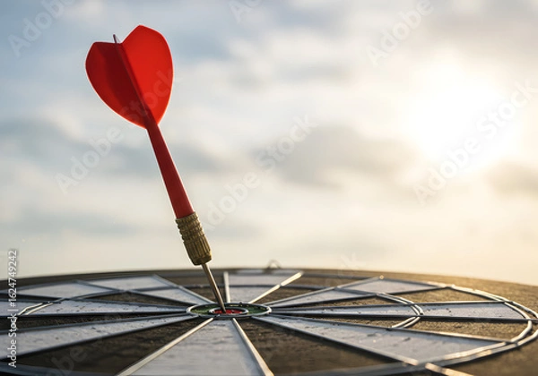 Fototapeta Red dart precisely hitting the bullseye of a dartboard under a bright, cloud-dotted sky, symbolizing perfect aim and goal achievement.