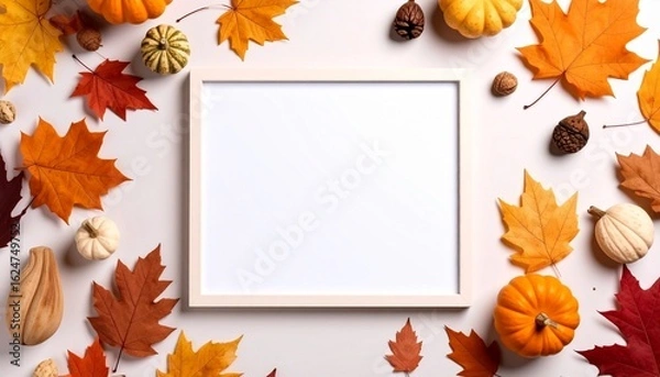 Fototapeta Blank White Frame Surrounded by Colorful Autumn Leaves and Pumpkins