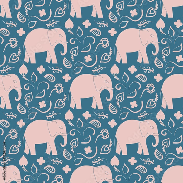 Fototapeta Seamless pattern with elephants and flowers. Background for textile, baby shower, greeting card, wrapping. Flora oriental l ornament.