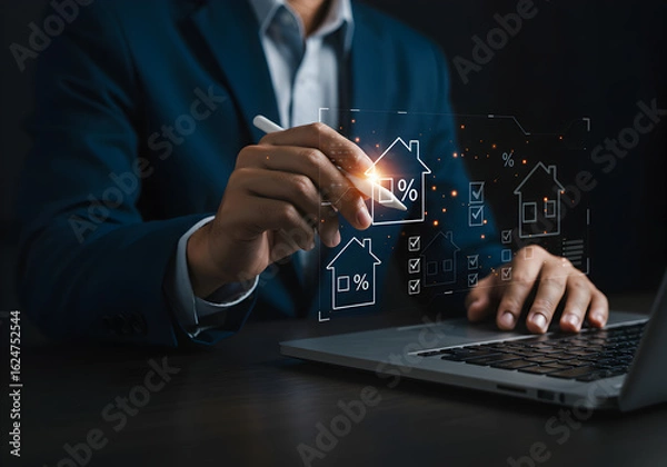 Fototapeta Businessman interacting with holographic house icons and percentage rates using a stylus. Represents real estate management, property investment, and mortgage analysis.