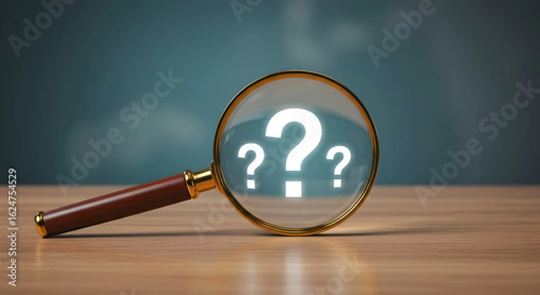 Fototapeta Magnifying glass illuminating a large glowing question mark. Represents inquiry, searching for answers, problem-solving, and curiosity.
