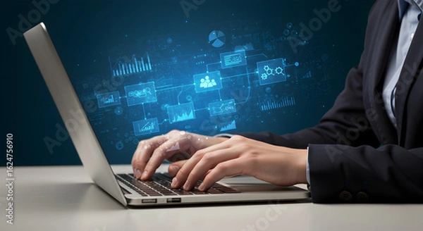 Fototapeta Person typing on a laptop with a glowing business network and data flow diagram. Represents IT solutions, digital transformation, and business intelligence.