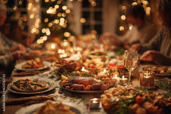 Obraz A festive Christmas dinner with the whole family, a beautifully decorated table filled with traditional dishes like roasted meat andvegetables, fish, or beef on golden plates, candles lights.