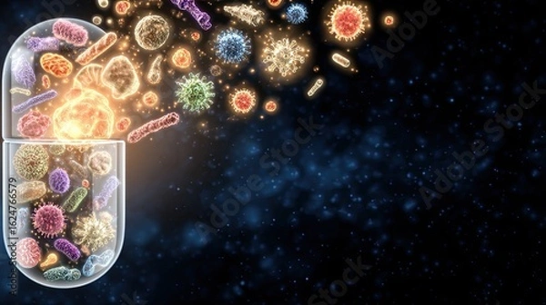 Obraz Probiotic Capsule Closeup A colorful illustration of microbes escaping from a capsule into a cosmic background. Probiotic Capsule Closeup Probiotic Pill