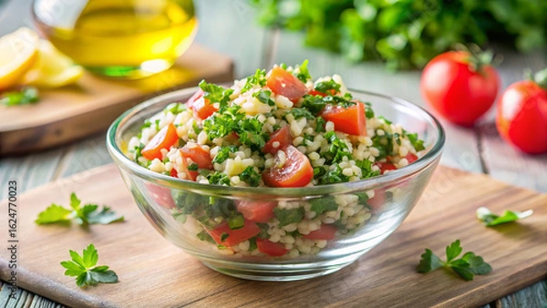 Fototapeta Tabbouleh in glass bowl, fresh parsley and diced tomatoes. Tabbouleh, also known as tabuli, salad on cutting board is healthy. Prepare your own Tabbouleh salad for food blog.