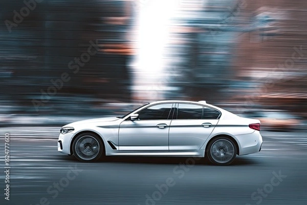 Fototapeta White car speeding through city streets