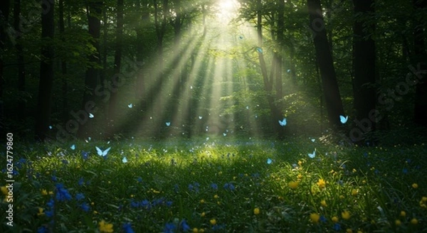 Obraz Ethereal sunbeams illuminate a magical forest glade where blue butterflies dance over wildflowers.