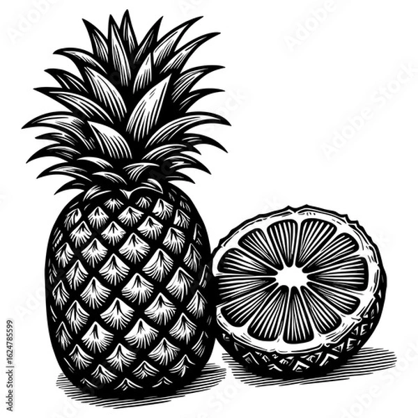 Obraz Black and white vector icon of pineapple, minimal tropical fruit symbol for food packaging, menu design, or healthy lifestyle app