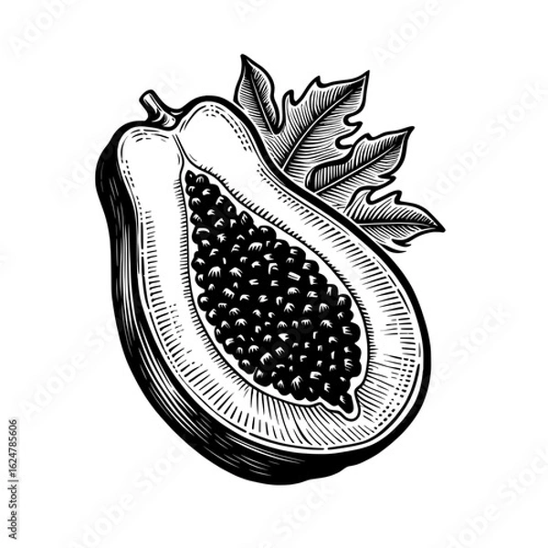 Obraz Black and white vector icon of papaya fruit, minimal tropical symbol for juice packaging, vegan product label, or healthy food app design