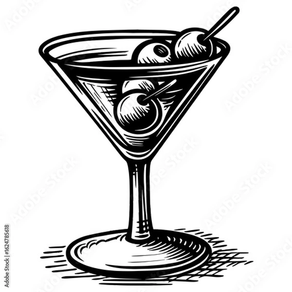 Obraz Black and white vector icon of martini glass with olives, minimal cocktail symbol for menu, bar signage, or drink app interface