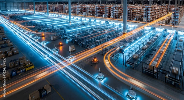 Fototapeta High-Tech Automated Warehouse with Conveyor Belts and Autonomous Mobile Robots, Modern Logistics Fulfillment Center at Night with Long Exposure Trails