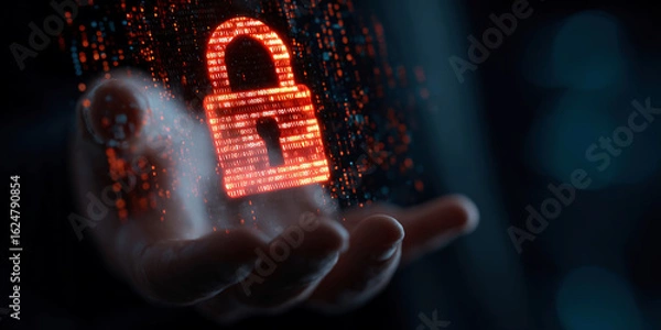 Fototapeta Cybersecurity breach concept with a hand holding an unlocked padlock symbol, surrounded by binary code, representing data leakage, system vulnerability, and digital access threats.