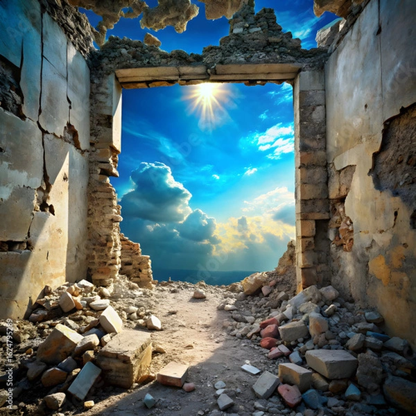 Fototapeta Ruined stone doorway bright sky ruined stone wall blue sky