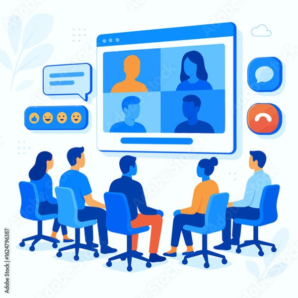 Fototapeta Flat Vector Style Group of People in a Virtual Meeting with Screen and Icons Illustration.