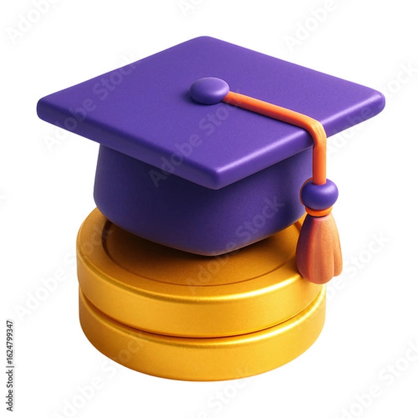 Fototapeta Stylized 3D Rendered Icon of purple graduation cap with an orange tassel resting on a stack of shiny gold coins.