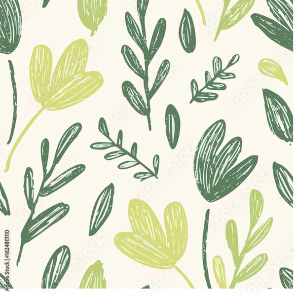 Fototapeta Seamless Hand-Drawn Floral and Leaf Pattern in Crayon Style