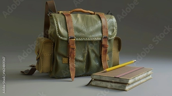 Fototapeta A photo of a school bag with a book and a pencil