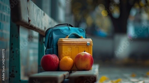 Fototapeta A photo of a school bag with a lunchbox.